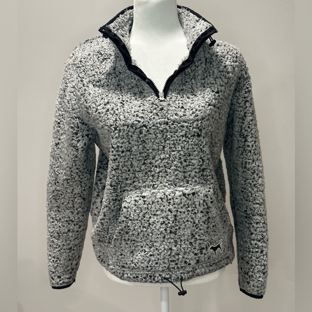 Victoria's Secret Pink Pullover Quarter Zip Sherpa Sweater Gray Black Size XS